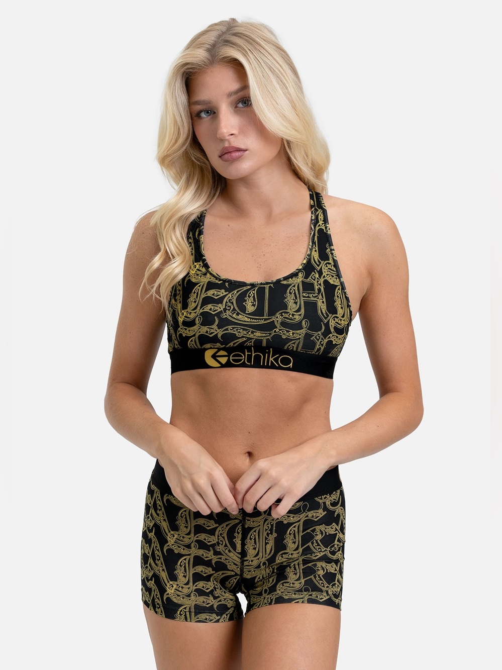ethika Black & Gold Patterned Racerback Sports Bra